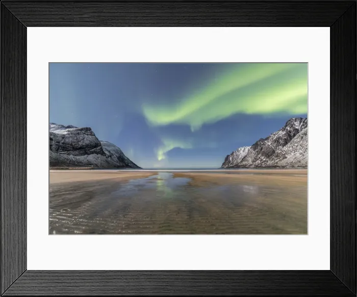 Framed Print : Sandy beach and snowy peaks framed by the Northern Lights (aurora borealis) in the polar night Framed Print : Sandy beach and snowy peaks framed by the Northern Lights (aurora borealis) in the polar night