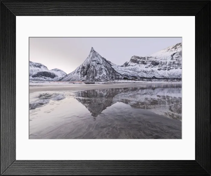 Framed Print : Snowy peaks reflected in the frozen sea surrounded by sandy beach at dawn, Ersfjord Framed Print : Snowy peaks reflected in the frozen sea surrounded by sandy beach at dawn, Ersfjord