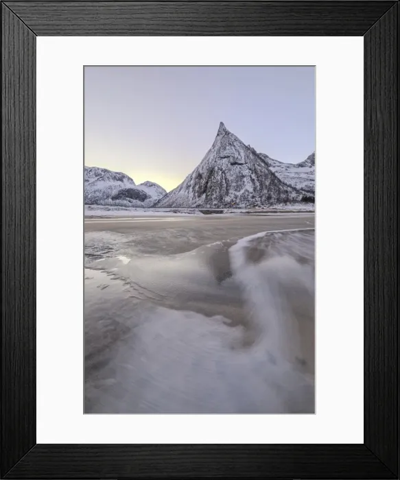 Framed Print : Snowy peaks and sandy beach framed by the icy waves of frozen sea at dawn, Ersfjord Framed Print : Snowy peaks and sandy beach framed by the icy waves of frozen sea at dawn, Ersfjord