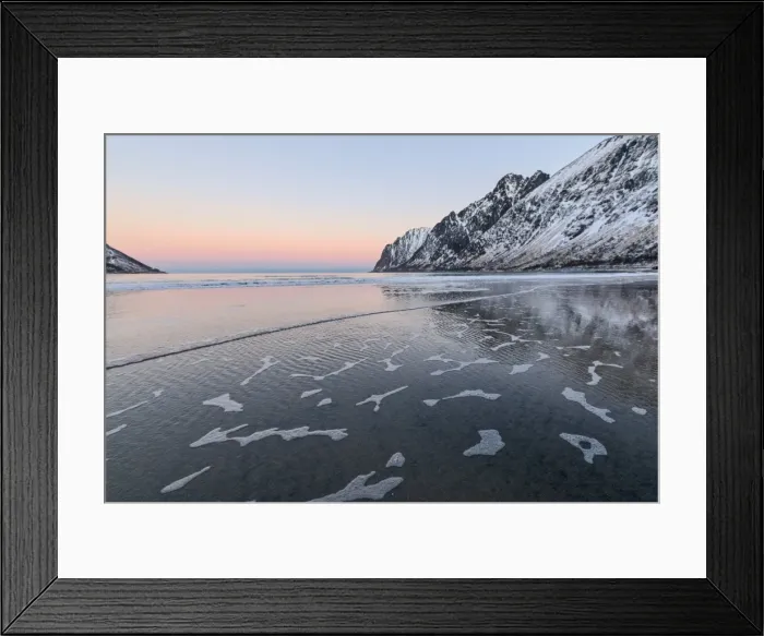 Framed Print : The pink light of sunrise over the waves of cold sea surrounded by snowy peaks, Ersfjord Framed Print : The pink light of sunrise over the waves of cold sea surrounded by snowy peaks, Ersfjord
