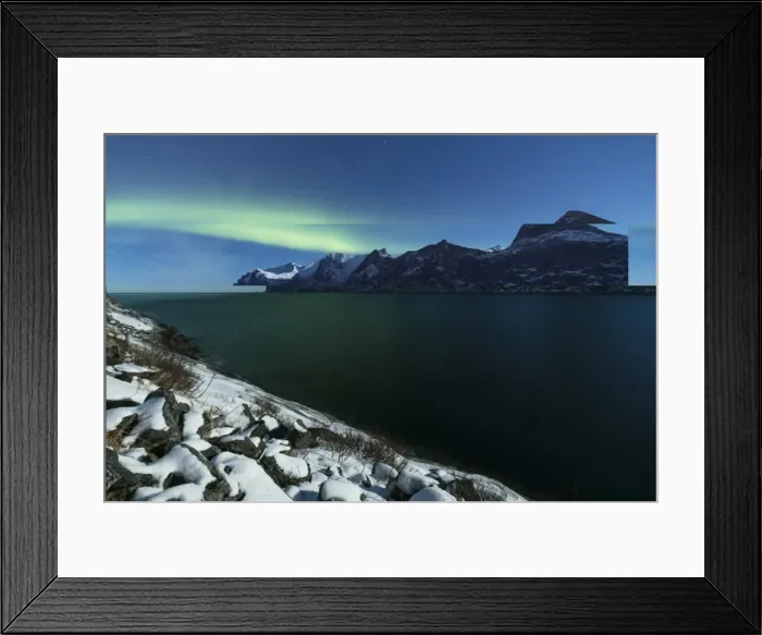 Framed Print : Northern Lights and stars over Senjahopen peak surrounded by the frozen sea, Senja Framed Print : Northern Lights and stars over Senjahopen peak surrounded by the frozen sea, Senja