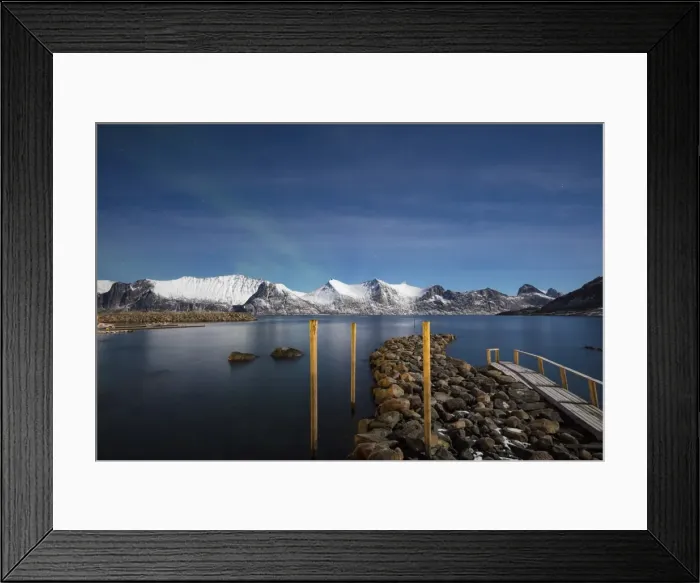 Framed Print : Stars of the polar night frame the frozen sea surrounded by snowy peaks, Mefjord Berg Framed Print : Stars of the polar night frame the frozen sea surrounded by snowy peaks, Mefjord Berg