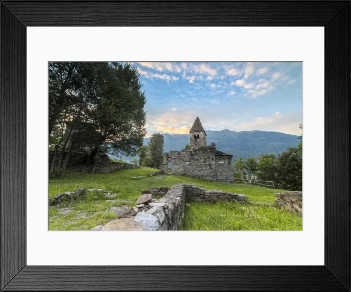 Framed Print : Green meadows frame the Abbey of San Pietro in Vallate at sunset, Piagno, Sondrio province Framed Print : Green meadows frame the Abbey of San Pietro in Vallate at sunset, Piagno, Sondrio province