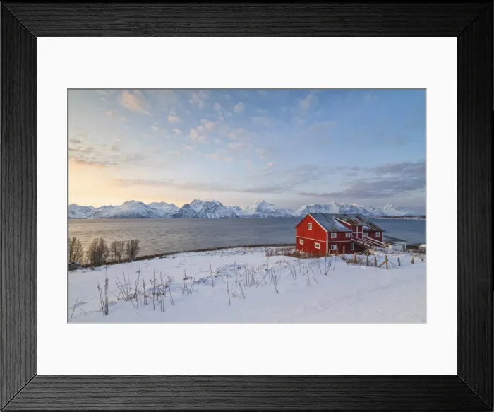 Framed Print : Pink sky at sunset on a wooden hut called Rorbu, frozen sea and snowy peaks, Djupvik Framed Print : Pink sky at sunset on a wooden hut called Rorbu, frozen sea and snowy peaks, Djupvik