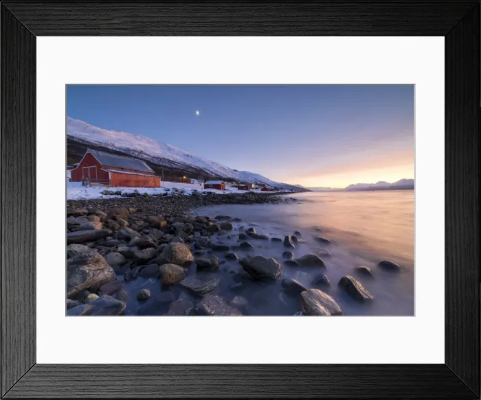 Framed Print : Fiery sky at sunset and typical Rorbu, snowy peaks and frozen sea, Djupvik, Lyngen Alps Framed Print : Fiery sky at sunset and typical Rorbu, snowy peaks and frozen sea, Djupvik, Lyngen Alps