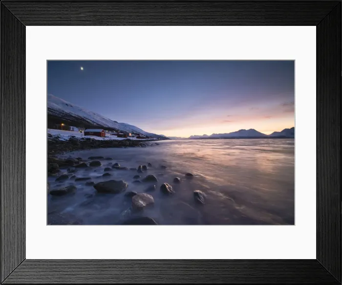 Framed Print : Fiery sky at sunset on typical Rorbu framed by snowy peaks and frozen sea, Djupvik Framed Print : Fiery sky at sunset on typical Rorbu framed by snowy peaks and frozen sea, Djupvik