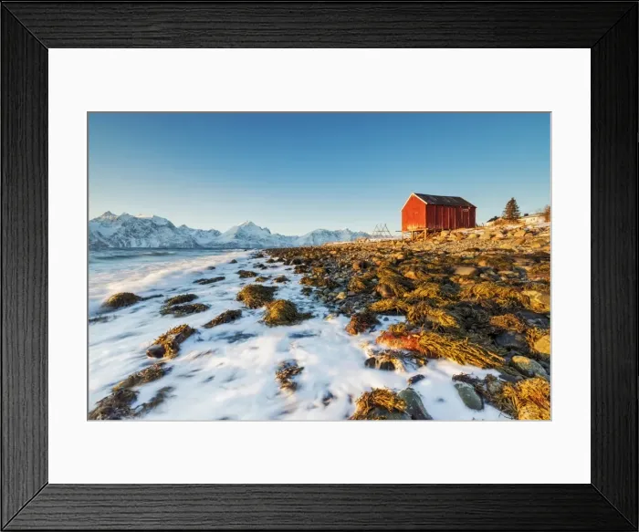 Framed Print : Typical wooden hut called Rorbu surrounded by waves of the cold sea and snowy peaks Framed Print : Typical wooden hut called Rorbu surrounded by waves of the cold sea and snowy peaks