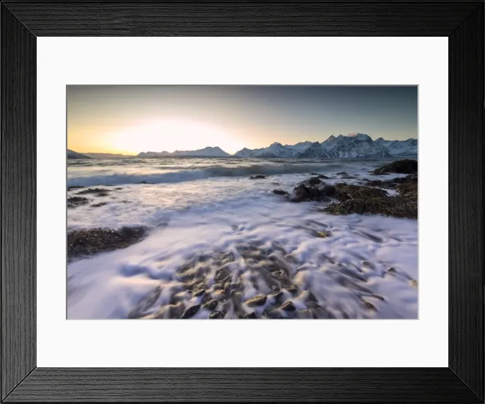 Framed Print : The sunset light reflected on the waves of cold sea crashing on the rocks, Djupvik Framed Print : The sunset light reflected on the waves of cold sea crashing on the rocks, Djupvik