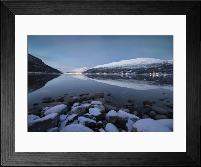 Framed Print : Snowy peaks reflected in the cold sea at dusk, Manndalen, Kafjord, Lyngen Alps, Troms Framed Print : Snowy peaks reflected in the cold sea at dusk, Manndalen, Kafjord, Lyngen Alps, Troms