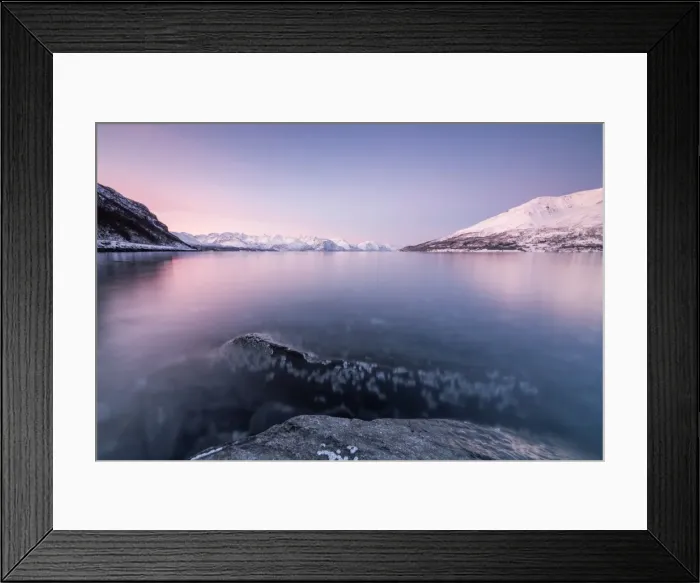 Framed Print : Pink sky and snowy peaks reflected in the frozen sea at sunset, Manndalen, Kafjord Framed Print : Pink sky and snowy peaks reflected in the frozen sea at sunset, Manndalen, Kafjord