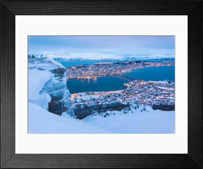 Framed Print : View of the city of Tromso at dusk from the mountain top reached by the Fjellheisen cable car Framed Print : View of the city of Tromso at dusk from the mountain top reached by the Fjellheisen cable car