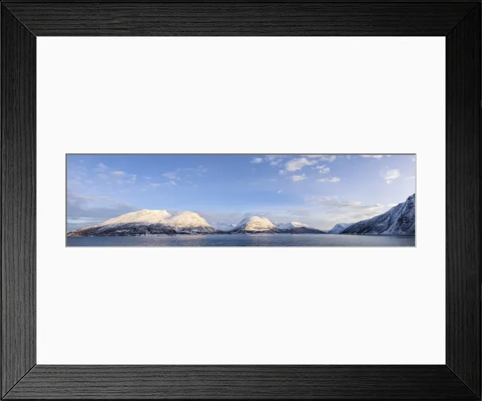 Framed Print : Panorama of snowy peaks surrounded by frozen sea, Olderdalen, Kafjorden, Lyngen Alps Framed Print : Panorama of snowy peaks surrounded by frozen sea, Olderdalen, Kafjorden, Lyngen Alps