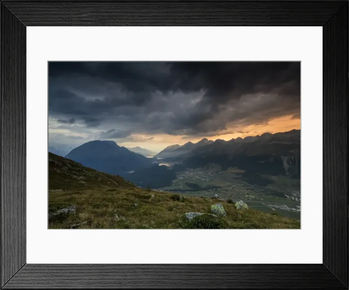 Framed Print : Dark clouds and sunset lights frame the rocky peaks of Muottas Muragl, St. Moritz Framed Print : Dark clouds and sunset lights frame the rocky peaks of Muottas Muragl, St. Moritz