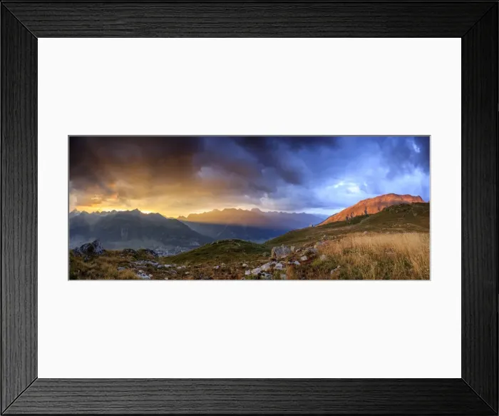 Framed Print : Panorama of the fiery sky on high peaks of Muottas Muragl at sunset, St Framed Print : Panorama of the fiery sky on high peaks of Muottas Muragl at sunset, St