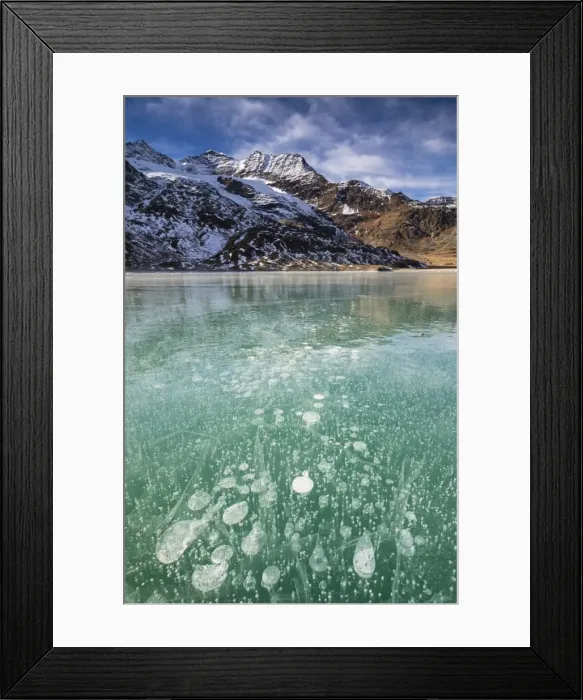 Framed Print : Ice bubbles in the turquoise water of the frozen White Lake (Lago Bianco), Bernina Pass Framed Print : Ice bubbles in the turquoise water of the frozen White Lake (Lago Bianco), Bernina Pass
