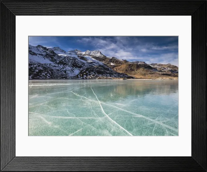 Framed Print : The snowy peaks frame the frozen turquoise water of White Lake (Lago Bianco), Bernina Pass Framed Print : The snowy peaks frame the frozen turquoise water of White Lake (Lago Bianco), Bernina Pass