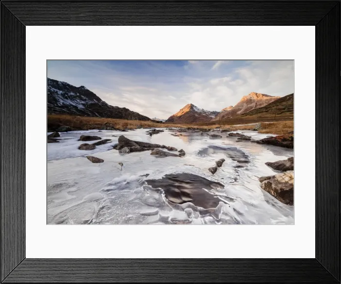 Framed Print : Sunset frames the alpine creek covered with ice at Bernina Pass, Canton of Graubunden Framed Print : Sunset frames the alpine creek covered with ice at Bernina Pass, Canton of Graubunden