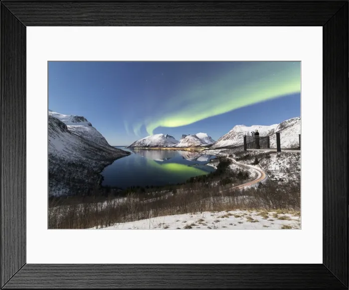 Framed Print : Photographer on platform admires the Northern lights (aurora borealis) and stars Framed Print : Photographer on platform admires the Northern lights (aurora borealis) and stars