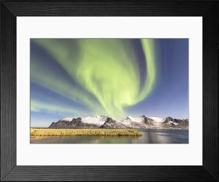 Framed Print : Northern lights (aurora borealis) on snowy peaks and icy sea along Mefjorden seen Framed Print : Northern lights (aurora borealis) on snowy peaks and icy sea along Mefjorden seen