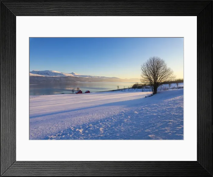 Framed Print : Wooden hut in the snowy landscape facing the cold sea on the road leading from Gibostad to Finnsnes Framed Print : Wooden hut in the snowy landscape facing the cold sea on the road leading from Gibostad to Finnsnes