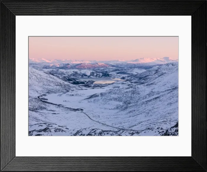 Framed Print : Pink sky at sunset on the snowy landscape and frozen sea surrounding Fjordbotn, Lysnes Framed Print : Pink sky at sunset on the snowy landscape and frozen sea surrounding Fjordbotn, Lysnes