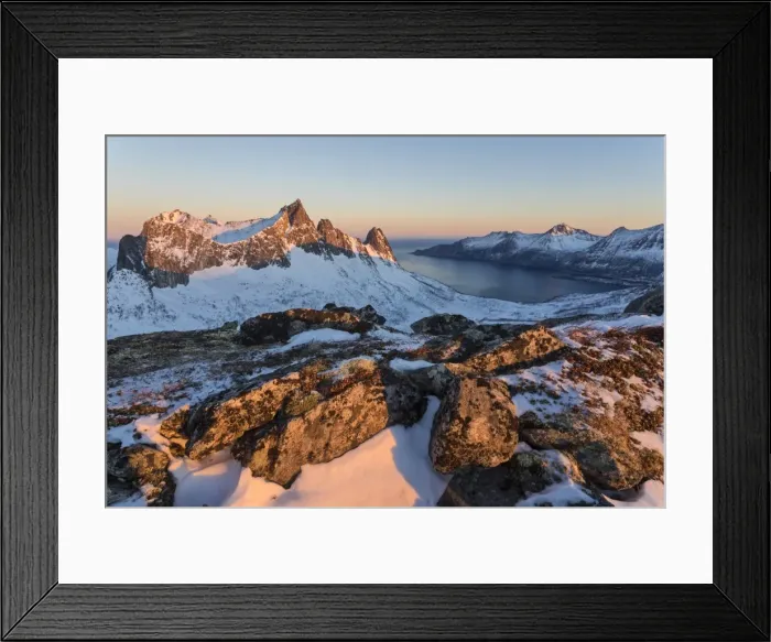 Framed Print : View of the village of Husoy and icy sea along the Oyfjorden from peak Hesten at dawn Framed Print : View of the village of Husoy and icy sea along the Oyfjorden from peak Hesten at dawn