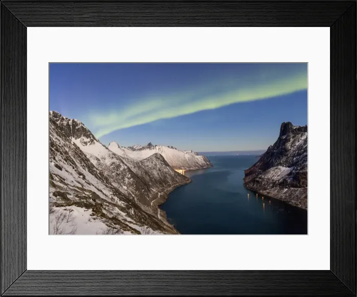 Framed Print : Northern Lights (aurora borealis) on the snowy peaks and the village of Fjordgard Framed Print : Northern Lights (aurora borealis) on the snowy peaks and the village of Fjordgard