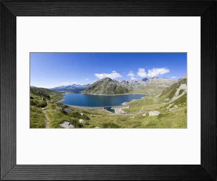 Framed Print : Panorama of the blue Lake Montespluga surrounded by rocky peaks in summer, Chiavenna Valley Framed Print : Panorama of the blue Lake Montespluga surrounded by rocky peaks in summer, Chiavenna Valley