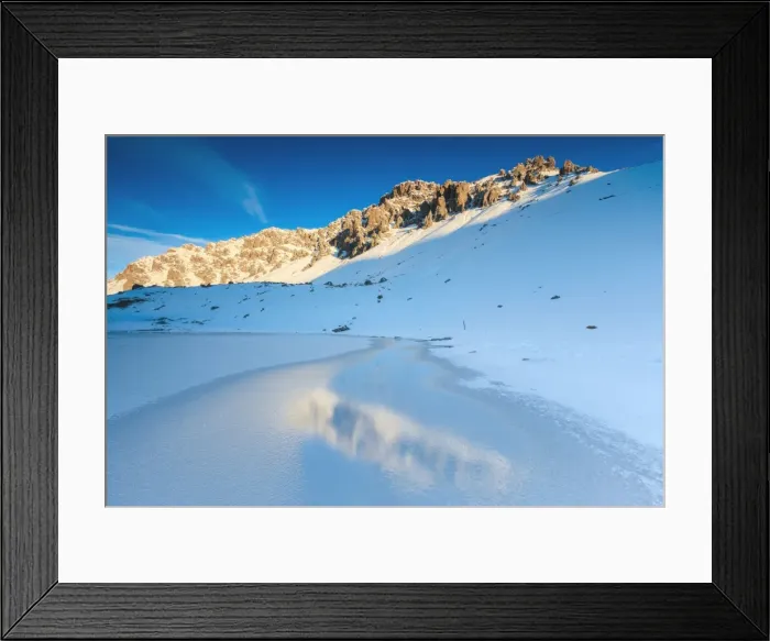 Framed Print : Snowy peaks reflected in the icy Lake, Piz Umbrail at dawn, Braulio Valley, Valtellina Framed Print : Snowy peaks reflected in the icy Lake, Piz Umbrail at dawn, Braulio Valley, Valtellina