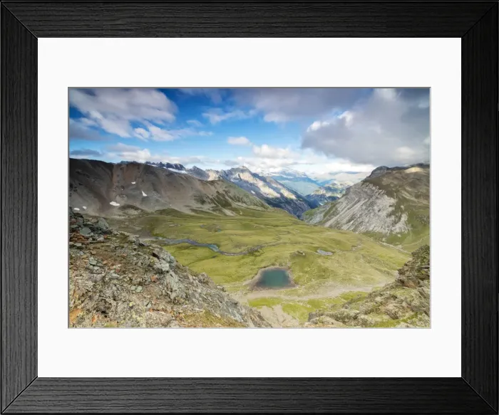 Framed Print : High peaks frame the alpine lakes and meadows, Filon Del Mott, Bormio, Braulio Valley Framed Print : High peaks frame the alpine lakes and meadows, Filon Del Mott, Bormio, Braulio Valley