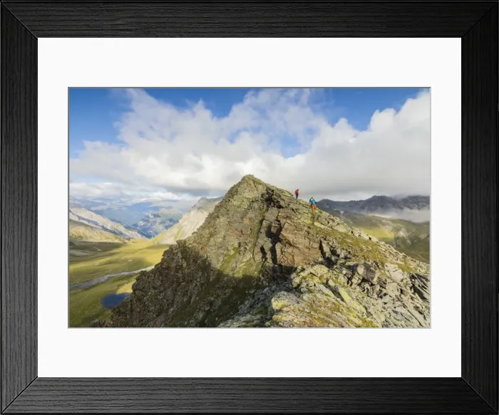 Framed Print : Hikers on the rocky crest of Monte Scorluzzo in summer, Bormio, Braulio Valley, Stelvio Pass Framed Print : Hikers on the rocky crest of Monte Scorluzzo in summer, Bormio, Braulio Valley, Stelvio Pass