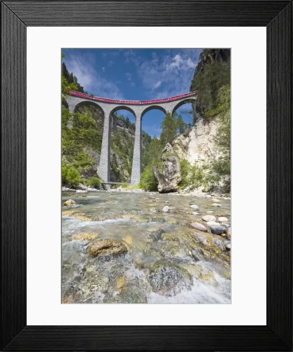 Framed Print : Alpine stream below the Bernina Express train on Landwasser Viadukt, Filisur, Albula Valley Framed Print : Alpine stream below the Bernina Express train on Landwasser Viadukt, Filisur, Albula Valley