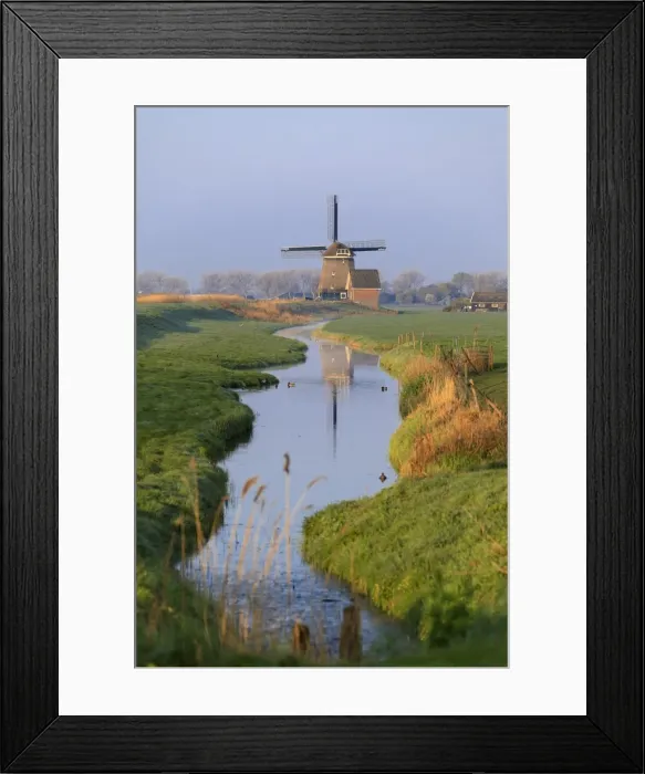 Framed Print : Typical windmill reflected in the canal at dawn, Berkmeer, municipality of Koggenland Framed Print : Typical windmill reflected in the canal at dawn, Berkmeer, municipality of Koggenland