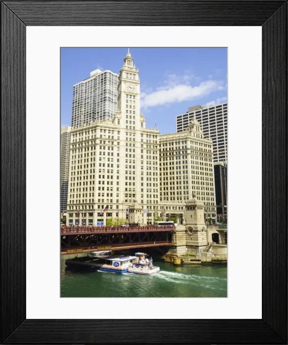 Framed Print : Sightseeing boat passing under DuSable Bridge on the Chicago River with Wrigley Building behind