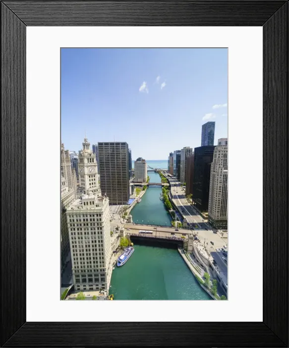 Framed Print : Towers along the Chicago River towards Lake Michigan, Chicago, Illinois, United States of America