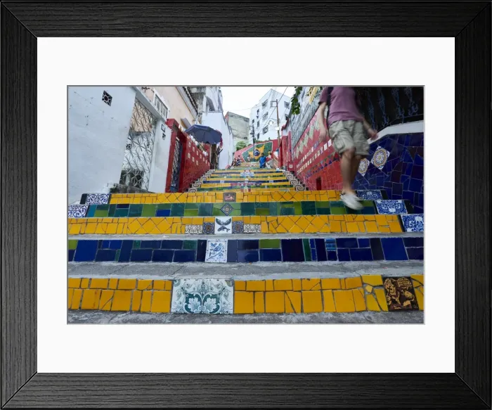Framed Print : Motion blurred legs of man going down the Selaron Steps, 215 decorated steps Framed Print : Motion blurred legs of man going down the Selaron Steps, 215 decorated steps