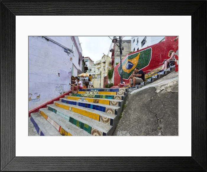 Framed Print : Tourists sitting on Selaron Steps, 215 decorated steps the work of artist Jorge Selaron Framed Print : Tourists sitting on Selaron Steps, 215 decorated steps the work of artist Jorge Selaron