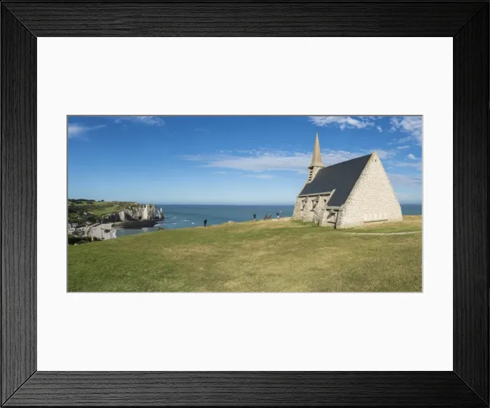 Framed Print : Notre-Dame de la Garde chapel and Porte d Aval in the background, Etretat, Normandy Framed Print : Notre-Dame de la Garde chapel and Porte d Aval in the background, Etretat, Normandy