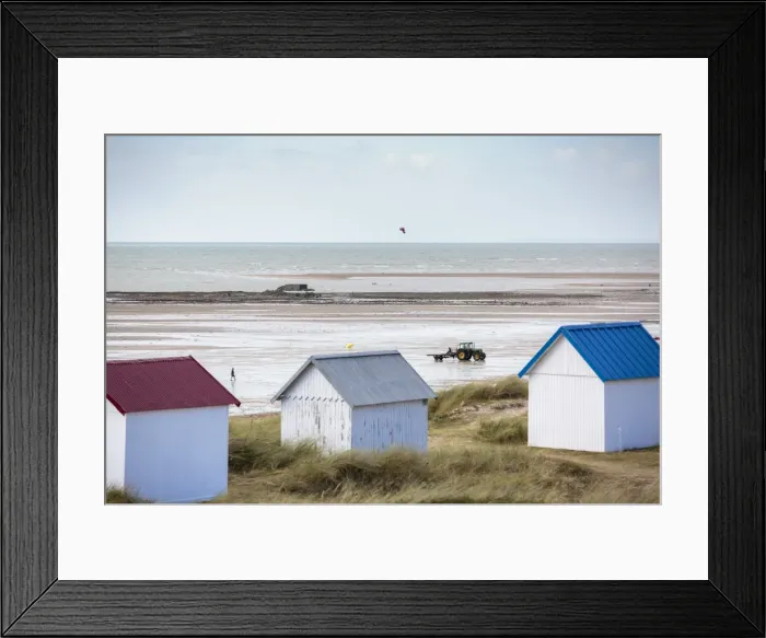 Framed Print : Beach huts and tractor for oyster breeding, Gouville-sur-Mer, Normandy, France, Europe Framed Print : Beach huts and tractor for oyster breeding, Gouville-sur-Mer, Normandy, France, Europe