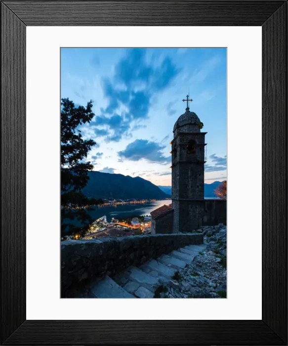 Framed Print : Part of the fortress walls and path above the old town of Kotor during the evening blue hour Framed Print : Part of the fortress walls and path above the old town of Kotor during the evening blue hour