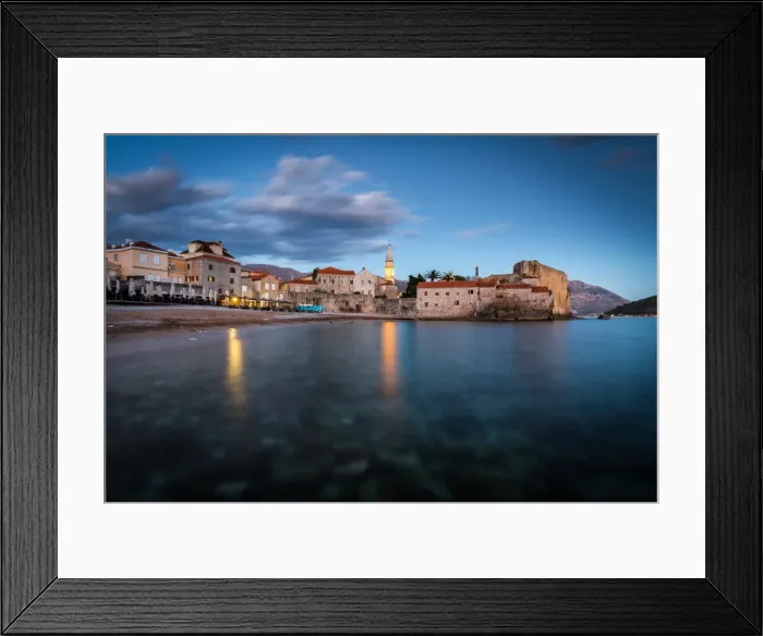 Framed Print : A long exposure during the evening blue hour of the beach and stari grad (old town) of Budva Framed Print : A long exposure during the evening blue hour of the beach and stari grad (old town) of Budva