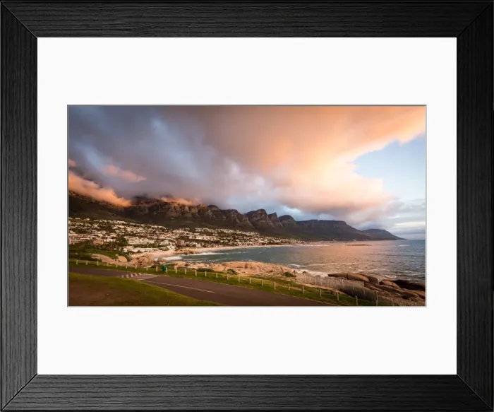 Framed Print : Sunset and clouds over Camps Bay, Table Mountain and the Twelve Apostles, Cape Town Framed Print : Sunset and clouds over Camps Bay, Table Mountain and the Twelve Apostles, Cape Town
