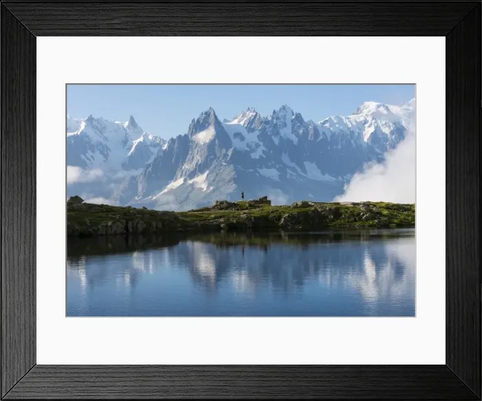 Framed Print : Hikers reflected in Lake Cheserys, Mont Blanc, French Alps, France, Europe Framed Print : Hikers reflected in Lake Cheserys, Mont Blanc, French Alps, France, Europe