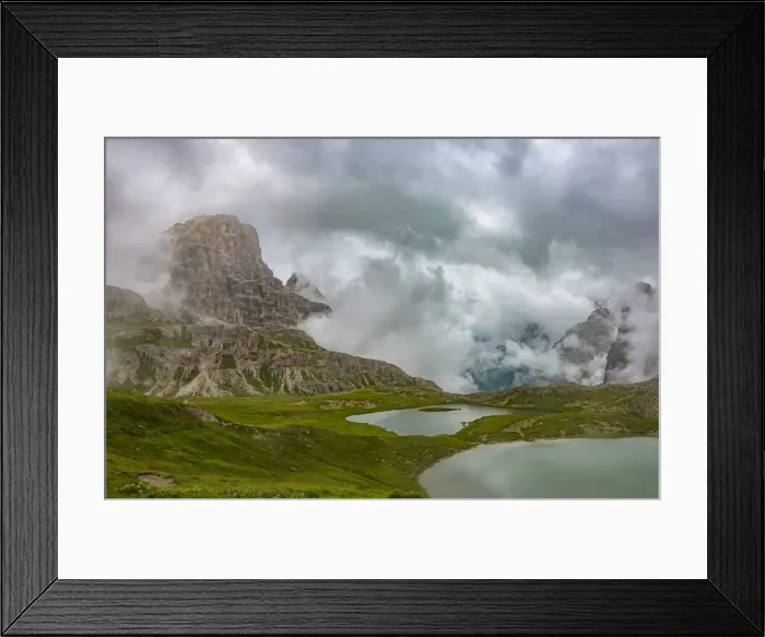 Framed Print : Piani lakes and Scarpieri peak on a foggy and cloudy day, Dolomites, Alto Adige district Framed Print : Piani lakes and Scarpieri peak on a foggy and cloudy day, Dolomites, Alto Adige district