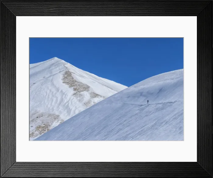 Framed Print : Hiker on mountain Vettore in winter, Sibillini National Park, Umbria, Italy, Europe Framed Print : Hiker on mountain Vettore in winter, Sibillini National Park, Umbria, Italy, Europe