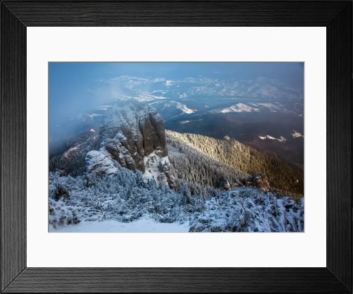 Framed Print : Foggy winter landscape in Ceahlaul Massif, Romania, Europe