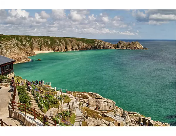 View over the Minack Theatre to Porthcurno beach near Penzance, West Cornwall, England