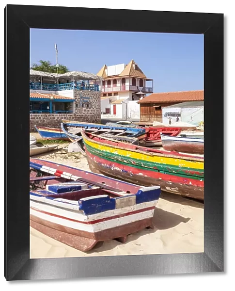 Colourful traditional local fishing boats on the beach at Santa Maria, Praia da Santa Maria