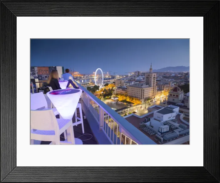 Framed Print : Elevated view of Malaga Marina and old town at dusk, Malaga, Costa del Sol, Andalusia Framed Print : Elevated view of Malaga Marina and old town at dusk, Malaga, Costa del Sol, Andalusia