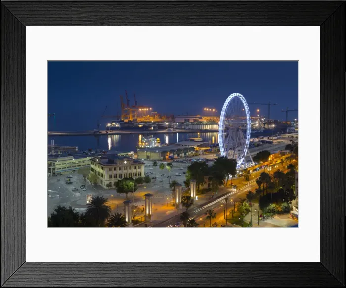 Framed Print : Elevated view of Malaga Marina and ferris wheel at dusk, Malaga, Costa del Sol, Andalusia Framed Print : Elevated view of Malaga Marina and ferris wheel at dusk, Malaga, Costa del Sol, Andalusia